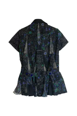 Multicolour cotton-blend paneled floral lace up short sleeve safari peplum top