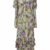 Multi-colour crinkle silk georgette 2015 re-edition thistle print plunge neck maxi dress with cascade ruffle flounce sleeves
