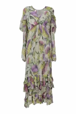 Multi-colour crinkle silk georgette 2015 re-edition thistle print plunge neck maxi dress with cascade ruffle flounce sleeves