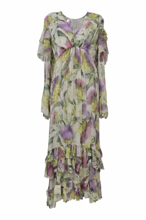 Multi-colour crinkle silk georgette 2015 re-edition thistle print plunge neck maxi dress with cascade ruffle flounce sleeves