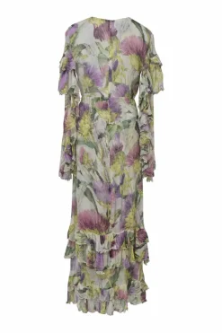Multi-colour crinkle silk georgette 2015 re-edition thistle print plunge neck maxi dress with cascade ruffle flounce sleeves