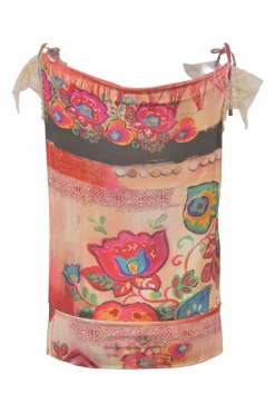 Multi-colour double exposure gazette floral print cowl neck bubble camisole with self-tie straps