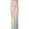Multi-colour draped bias-cut gradient silk satin cowl slip dress with adjustable spaghetti straps