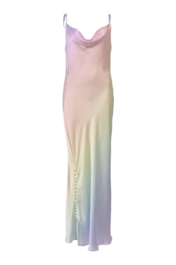 Multi-colour draped bias-cut gradient silk satin cowl slip dress with adjustable spaghetti straps