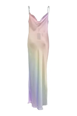 Multi-colour draped bias-cut gradient silk satin cowl slip dress with adjustable spaghetti straps