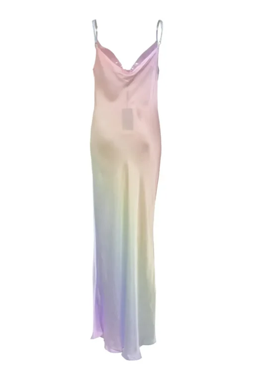 Multi-colour draped bias-cut gradient silk satin cowl slip dress with adjustable spaghetti straps