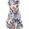 Multi-colour draped silk postcard digi-print ruched handkerchief flounce slip with chainlink straps