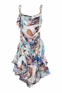 Multi-colour draped silk postcard digi-print ruched handkerchief flounce slip with chainlink straps