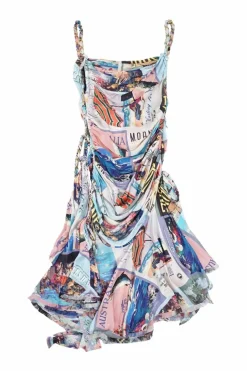 Multi-colour draped silk postcard digi-print ruched handkerchief flounce slip with chainlink straps