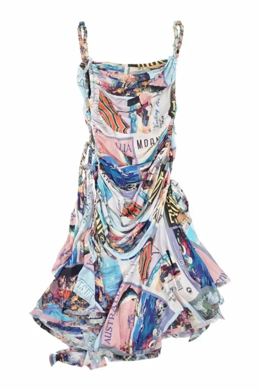 Multi-colour draped silk postcard digi-print ruched handkerchief flounce slip with chainlink straps
