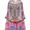 Multi-colour embellished silk abstract print racerback blouson mini dress featuring metallic bead broderie motif