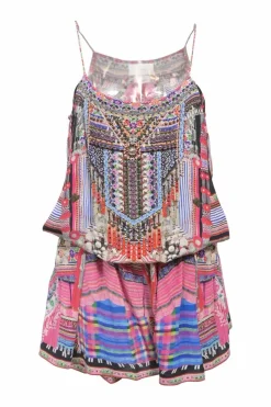 Multi-colour embellished silk abstract print racerback blouson mini dress featuring metallic bead broderie motif