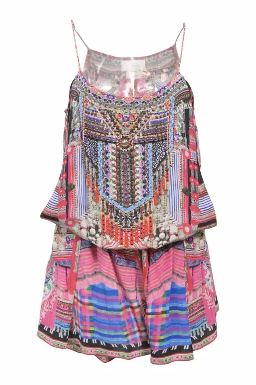 Multi-colour embellished silk abstract print racerback blouson mini dress featuring metallic bead broderie motif