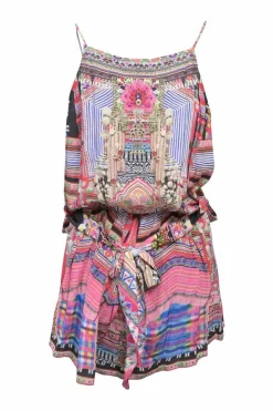 Multi-colour embellished silk abstract print racerback blouson mini dress featuring metallic bead broderie motif