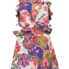 Multi-colour floral paisley print ruffled Grecian halter-neck twist-front mini dress with adjustable self-tie fastening at nape and mid-back