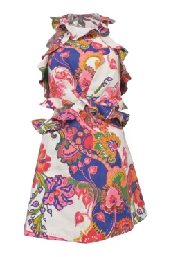 Multi-colour floral paisley print ruffled Grecian halter-neck twist-front mini dress with adjustable self-tie fastening at nape and mid-back