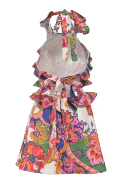 Multi-colour floral paisley print ruffled Grecian halter-neck twist-front mini dress with adjustable self-tie fastening at nape and mid-back