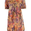 Multi-colour floral pattern mini dress with pleats, ruched at bottom
