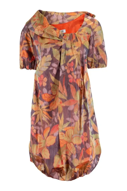Multi-colour floral pattern mini dress with pleats, ruched at bottom