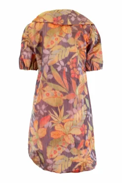 Multi-colour floral pattern mini dress with pleats, ruched at bottom