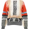 Multi-colour fringed cotton intarsia knit crewneck pullover sweater