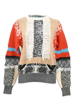 Multi-colour fringed cotton intarsia knit crewneck pullover sweater