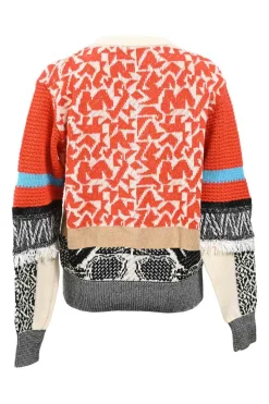 Multi-colour fringed cotton intarsia knit crewneck pullover sweater