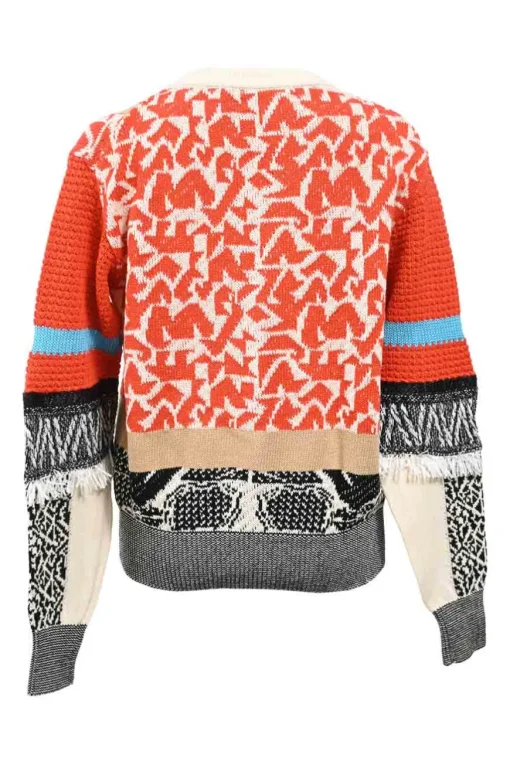 Multi-colour fringed cotton intarsia knit crewneck pullover sweater