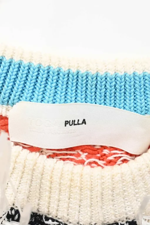 Multi-colour fringed cotton intarsia knit crewneck pullover sweater