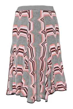 Multi-colour fully-fashioned zig-zag striped pull-on knee-length A-line skirt with handkerchief hem