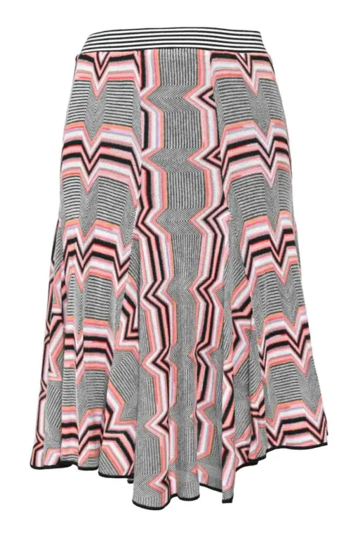 Multi-colour fully-fashioned zig-zag striped pull-on knee-length A-line skirt with handkerchief hem