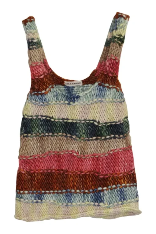 Multi-colour hand-knit bulky merino slub yarn purl tank top with roll hem