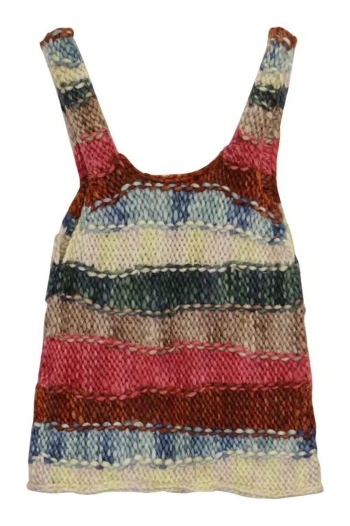 Multi-colour hand-knit bulky merino slub yarn purl tank top with roll hem
