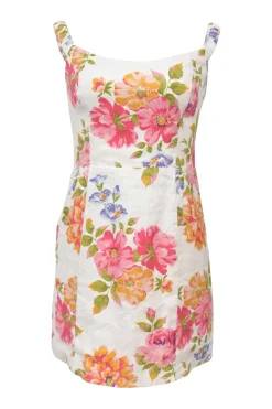 Multi-colour linen floral print portrait neck bustier mini dress