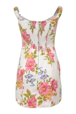 Multi-colour linen floral print portrait neck bustier mini dress