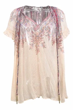 Multi-colour paisley print silk V-neck short sleeve ruffled tunic top with adjustable neck ties