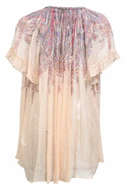 Multi-colour paisley print silk V-neck short sleeve ruffled tunic top with adjustable neck ties