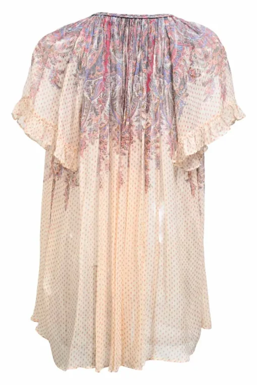 Multi-colour paisley print silk V-neck short sleeve ruffled tunic top with adjustable neck ties