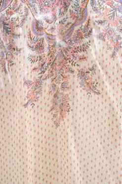 Multi-colour paisley print silk V-neck short sleeve ruffled tunic top with adjustable neck ties