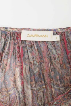 Multi-colour paisley print silk V-neck short sleeve ruffled tunic top with adjustable neck ties