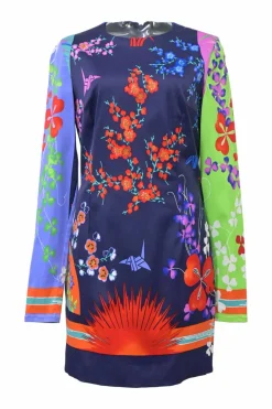 Multi-colour paneled viscose-blend half-tone floral print long sleeve shift dress