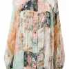 Multi-colour panelled patchwork floral silk georgette band collar Wavelength blouse with balloon sleeves