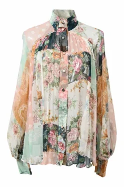 Multi-colour panelled patchwork floral silk georgette band collar Wavelength blouse with balloon sleeves