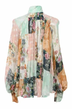 Multi-colour panelled patchwork floral silk georgette band collar Wavelength blouse with balloon sleeves