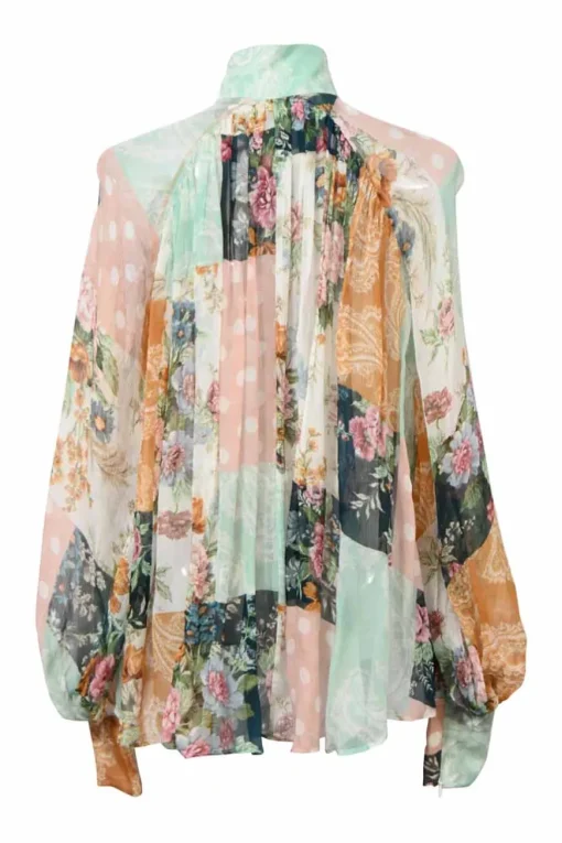 Multi-colour panelled patchwork floral silk georgette band collar Wavelength blouse with balloon sleeves