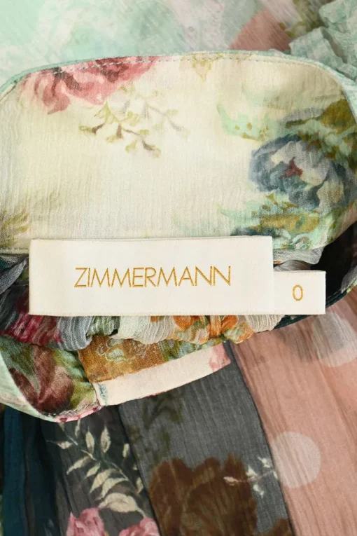 Multi-colour panelled patchwork floral silk georgette band collar Wavelength blouse with balloon sleeves