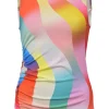 Multi-colour polyester gradient wave print jersey knit sleeveless knit top
