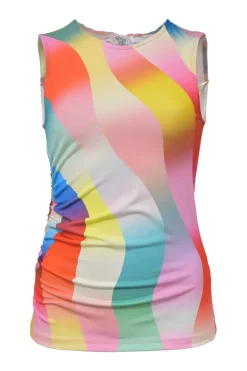 Multi-colour polyester gradient wave print jersey knit sleeveless knit top