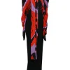 Multi-colour polyester pussy-bow plissé gown featuring abstract graphic motif and draped leg of mutton sleeves
