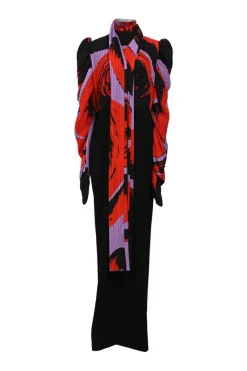 Multi-colour polyester pussy-bow plissé gown featuring abstract graphic motif and draped leg of mutton sleeves